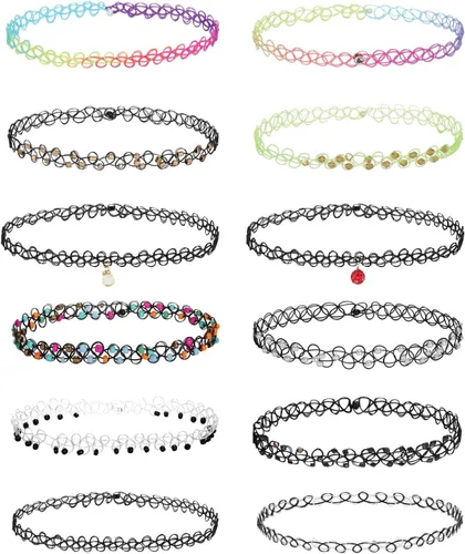BodyJ4You 12PC Tattoo Choker Necklace for Women - 90s Choker Necklaces Y2K Fashion Trendy Vintage - Emo Black Choker Rainbow Pink White Purple Neon