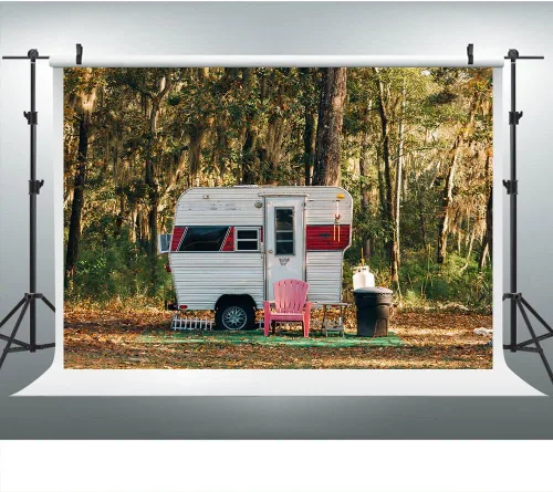 Miniatura 7 de Fondo de campamento para fiesta, campamento, 5 x 3 pies, bosque soleado, caravana, remolque, paisaje de naturaleza, fotografía de fondo, utilería