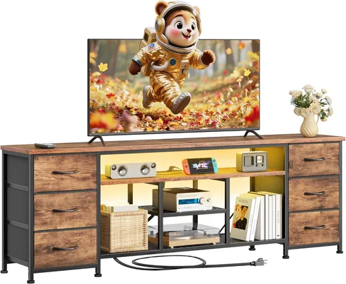 Miniatura 11 de Furologee Soporte de TV LED para TV de 65, 70 pulgadas, centro de entretenimiento de 63 pulgadas con tomas de corriente, cómoda de 6 cajones de tela