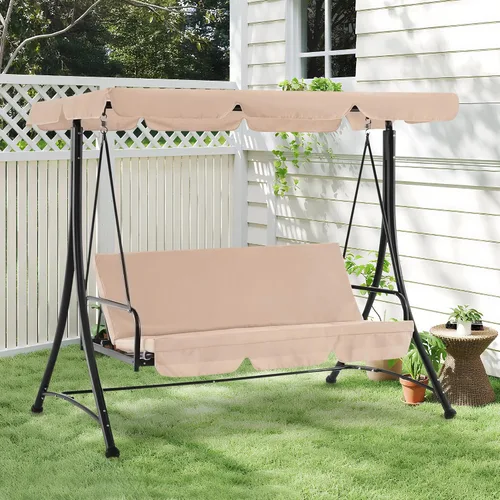 Miniatura 2 de MCombo Columpios de patio de 3 asientos con marco de acero resistente a la intemperie, toldo ajustable, columpio reclinable para porche al aire Beige