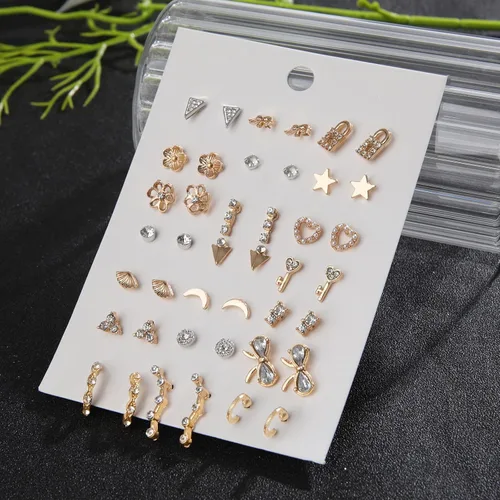Miniatura 4 de Juego de 63 pares de aretes tipo dormilona para mujer, hipoalergénicos, variados, con bloqueo de luna, estrellas y perlas de imitación