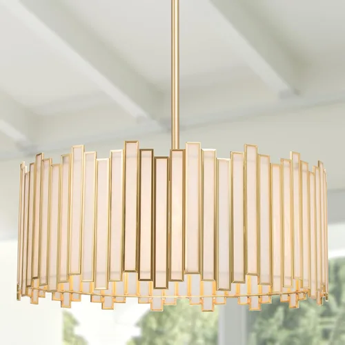Durent Lighting Candelabro de tambor dorado de 4 luces moderno con pantalla de vidrio crema, lámpara colgante de techo redonda de 16 pulgadas para