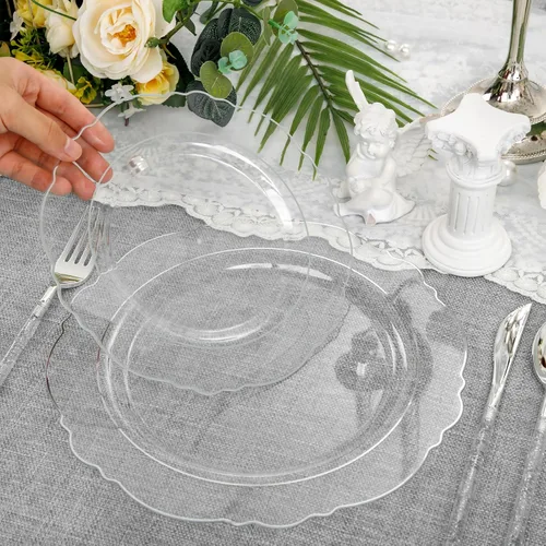 Miniatura 5 de Liacere - 150 platos de plástico plateado transparente y cubiertos desechables de plástico plateado con mango de bambú con purpurina - Platos