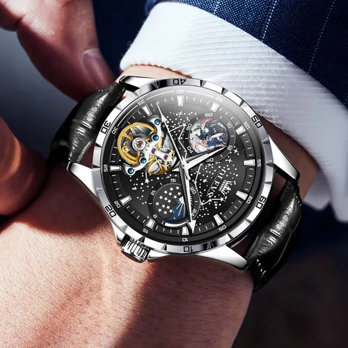 Miniatura 4 de OLEVS Relojes de cuero para hombre, mecánico automático, esqueleto Tourbillon, diamante, de lujo, cuerda automática, relojes de pulsera de vestir