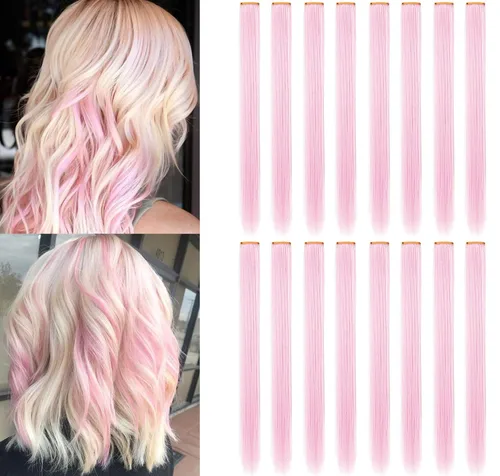 Miniatura 12 de 16 extensiones de cabello de colores con clip para fiestas, 21 pulgadas, lacio, sintético, extensiones de cabello azul claro para niñas y mujeres