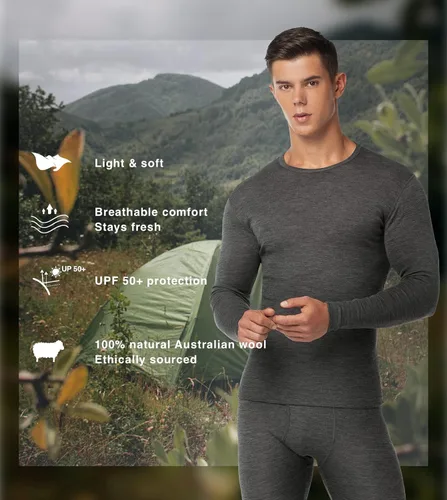 Miniatura 3 de LAPASA Conjunto de capa base de lana merino 100% para hombre, ropa interior térmica ligera de peso medio, ropa deportiva larga John Top Bottom
