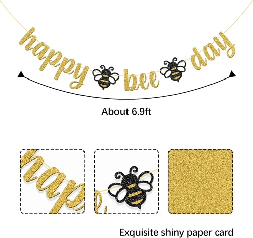 Miniatura 2 de Cartel de Feliz Día de la Abeja con purpurina dorada/Suministros de fiesta de baby shower con temática de abejorros/Nueva mamá/fiesta de revelación