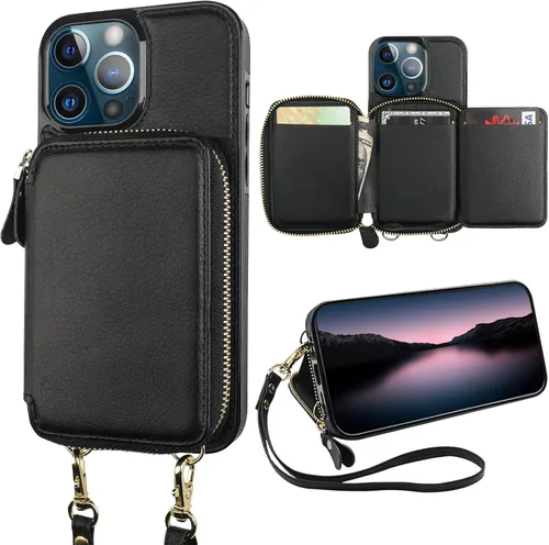 Bocasal Funda tipo cartera con bloqueo RFID para iPhone 13 Pro, funda cruzada ajustable con cremallera, tarjetero con función atril, correa de Negro