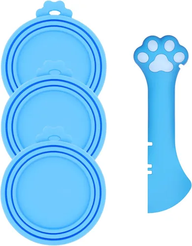Miniatura 13 de Cuchara para Latas de Comida para Mascotas y 3 Tapas para Latas Espátula Abridor con Forma de Pata Linda Cuchara para Comida Húmeda de Gato Gris