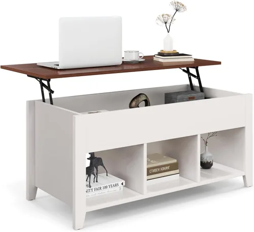 Tangkula Mesa de centro de madera con tapa elevable, almacenamiento de té moderno con compartimento oculto y estante de almacenamiento abierto para