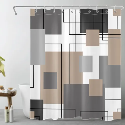 Miniatura 28 de LB Cortina de ducha geométrica a rayas grises y blancas, cortinas de ducha abstractas de mediados de siglo verde salvia para baño, 72 x 72 pulgadas
