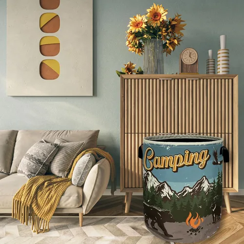 Miniatura 7 de Cesta de lavandería retro con asas de oso de montaña, plegable, con asas, bolsa de tela Oxford, divertida cesta de lavandería, cubo de Retro camping