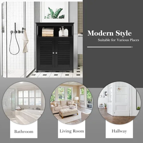 Miniatura 7 de GLACER Gabinete de suelo de baño, armario de almacenamiento de madera con puertas dobles con persiana y estante ajustable de 3 posiciones