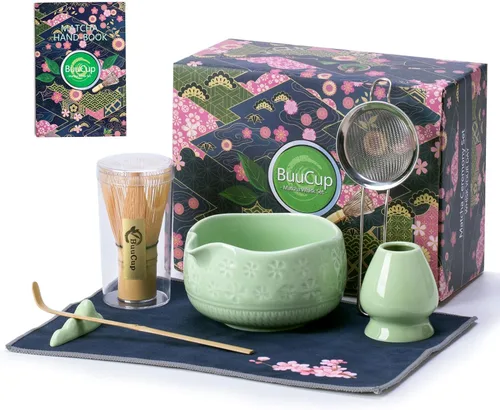Buucup Juego de batidor de matcha, juego de cerámica matcha incluye cuenco matcha, batidor y soporte de matcha, cuchara de bambú, soporte para Verde