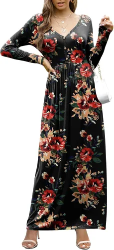 Miniatura 2 de GRECERELLE Vestido largo para mujer, manga larga, cuello en V, casual, con botones, estilo bohemio, con bolsillos