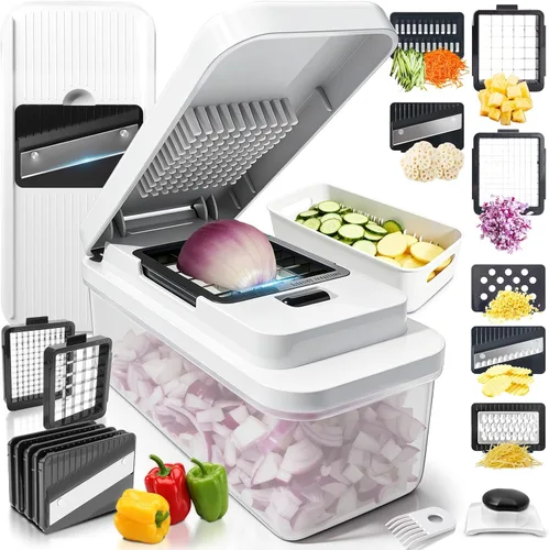 Cortador de verduras 14 en 1 con 7 cuchillas, picador de verduras con recipiente y tapa, cortador de mandolina para cocina, cortador de verduras