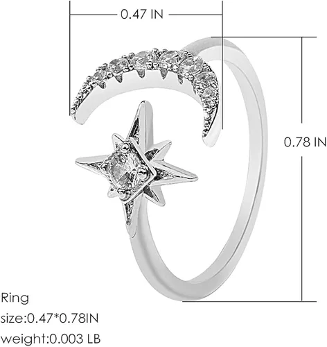 Miniatura 4 de Anillos de luna cúbica para mujer anillo abierto AAAA circonita cúbica luna y estrella abierta ajustable para EE UU 5-9 Metal Metal Cristal Zirconia