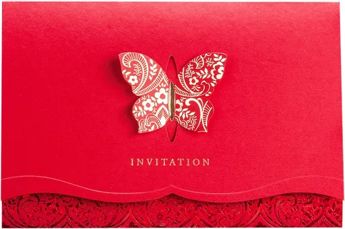 Hosmsua 50 tarjetas de invitaciones de flora de encaje cortado con láser rojo con mariposa dorada y sobres para despedida de soltera, boda,