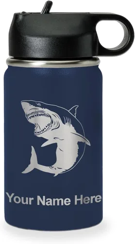 Miniatura 17 de LaserGram Botella de agua personalizada, gran tiburón blanco, acero inoxidable de doble pared aislada al vacío con popote superior, regalo grabado
