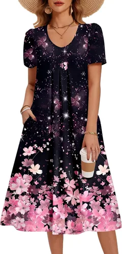 Miniatura 7 de Zeagoo Vestido de verano para mujer, casual, floral, midi, con bolsillos, cuello en V, plisado, manga corta, estilo alineado, para vacaciones