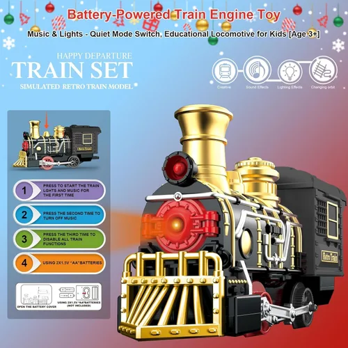 Miniatura 2 de Juego de tren eléctrico con pistas elevadas 3D, vagones de pasajeros de locomotora, luces y modo silencioso, tren de Navidad para niños, regalo