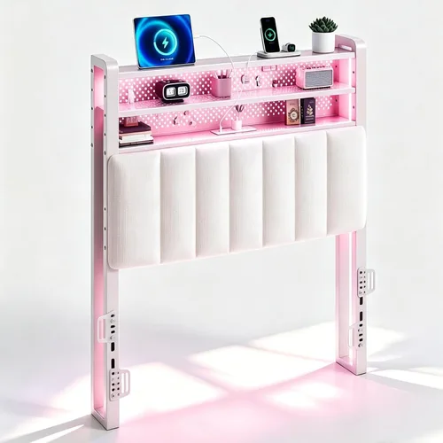 Miniatura 21 de VINGLI Cabecera LED Queen con 3 estantes de almacenamiento y estación de carga, moderna cabecera tapizada con luces RGB, puertos USB y toma de Lino