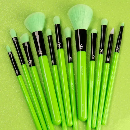 Miniatura 3 de MODA Juego de brochas de maquillaje verde neón, 12 piezas veganas para rostro y ojos, para base, rubor, polvo y sombra de ojos, cerdas sintéticas