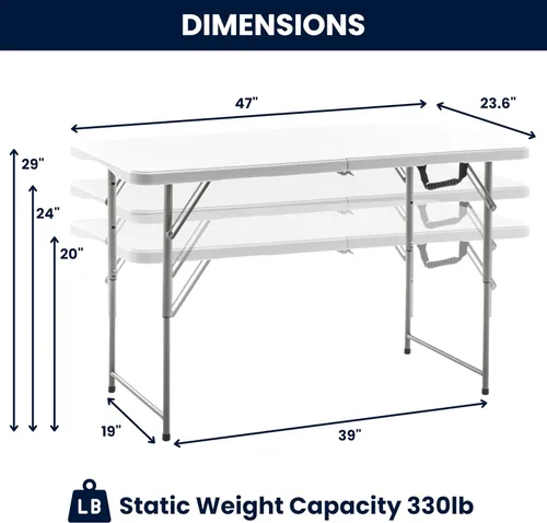 Miniatura 3 de BTEXPERT Mesa plegable de plástico plegable de 4 pies, ligera, altura ajustable, asa de transporte portátil para interiores y exteriores, para Blanco