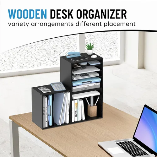 Miniatura 2 de Organizador de escritorio de madera de 5 niveles, organizador de bandeja de papel para escritorio con estantes de almacenamiento ajustables, Negro