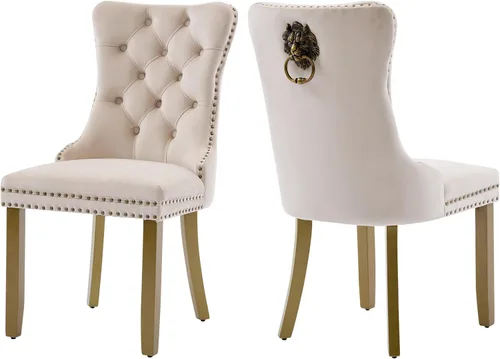 Miniatura 101 de Juego de 2 sillas de comedor de terciopelo, silla de comedor tapizada de alta gama con tirador de anillo en la espalda, adorno de clavos y patas