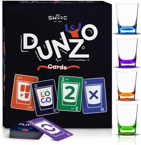 SWOOC DUNZO - Versión hidratante del clásico juego de cartas con 4 vasos irrompibles - Dibuja dos, salta, invierte, consigue loco - Divertido juego