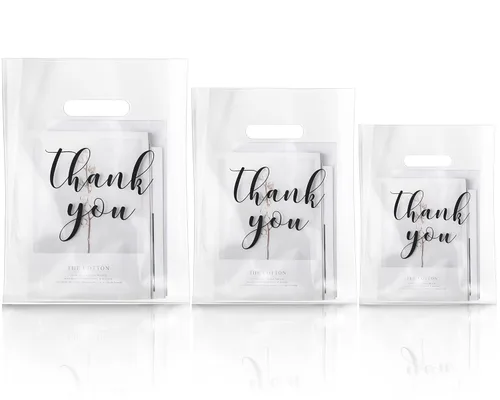 Yeaqee 200 Piezas Bolsas Transparentes de Mercancía de Agradecimiento con Asas Troqueladas Bolsas de Compras de Plástico Reutilizables para Venta al
