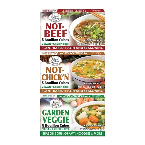 Edward & Sons Cubos veganos de caldo de pollo, ternera y vegetales - Caldo vegano, caldo sin gluten, sin grasas trans, uso en sopas, guisos y pilafs