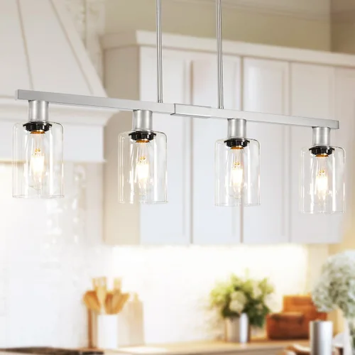 Miniatura 17 de Iluminación de isla de cocina de 4 luces, lámpara cromada para comedor, luz de isla para colgar sobre la mesa para candelabros lineales de granja
