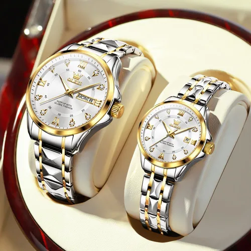 Miniatura 21 de OLEVS Reloj para parejas para él y ella, reloj analógico de cuarzo para hombres y mujeres, de acero inoxidable, impermeable, luminoso, fecha, reloj