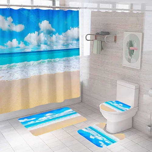 Miniatura 12 de Cortina de ducha de tortuga marina, juego de cortinas de ducha de océano azul, divertidas cortinas de ducha con 12 ganchos, cortinas de tela