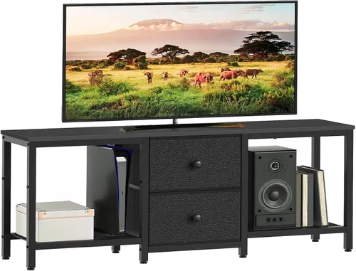 YATINEY - Soporte de TV para televisores de hasta 55 pulgadas, centro de entretenimiento con 2 cajones de tela, consola multimedia con estantes,