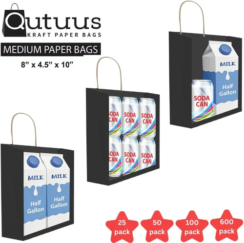 Miniatura 3 de Qutuus Bolsas de regalo negras con asas – 25 bolsas de papel negro de 8 x 4.5 x 10 pulgadas, bolsas de compras, bolsas de fiesta, bolsas de regalo