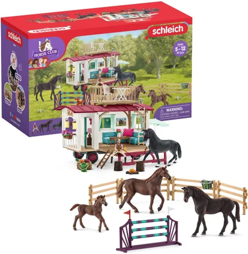 Schleich Horse Club, juguetes de caballo para niñas y niños, juego de caballos de entrenamiento secreto con cámper, juguetes de caballos y