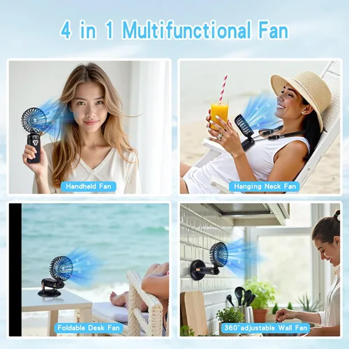 Miniatura 3 de Versátil ventilador portátil 4 en 1, ventilador a pilas con base, ajustable a 90°, mini ventiladores recargables, pantalla digital y capacidad
