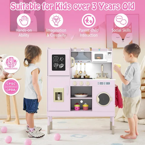 Miniatura 7 de HONEY JOY Juego de cocina para niños, cocina de madera para niños pequeños, microondas, utensilios de cocina, lavadora, campana extractora, juego