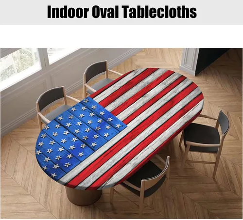 Miniatura 6 de Mantel de mesa ovalado con bandera estadounidense, mantel con bandera estadounidense sobre madera, cubierta elástica ajustada para el día