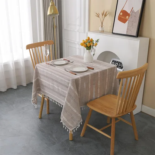 Miniatura 13 de Gernaice Mantel bordado de rayas rústicas y pequeñas con borlas cuadradas de algodón y lino, sin arrugas, lavable, para mesita de noche, café, Blanco