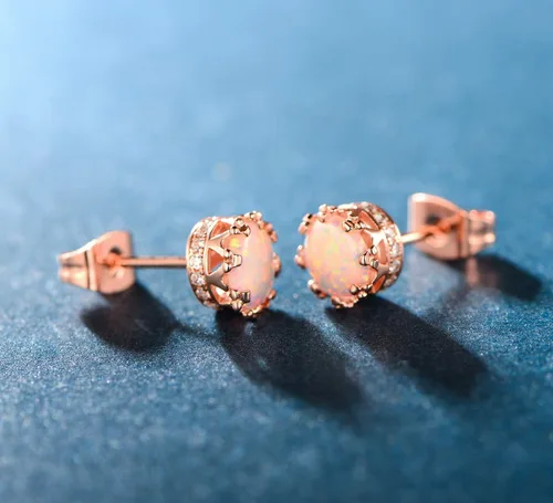 Miniatura 5 de MDFUN Aretes chapados en oro rosa para mujer, 0.236 in, corona brillante redonda, piedra natal, regalo de cumpleaños