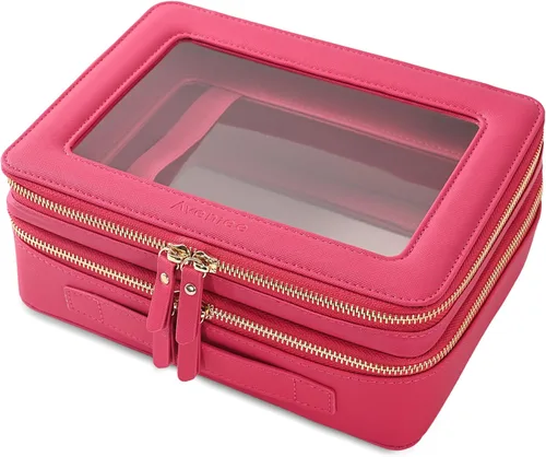 Miniatura 51 de Aveniee Organizador de bolsa de maquillaje transparente, bolsa de aseo de viaje para mujer, bolsa de cosméticos impermeable con cremalleras, Rosa
