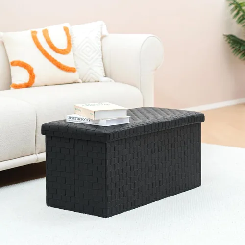 Miniatura 7 de B FSOBEIIALEO Taburete plegable de piel sintética, reposapiés de banco largo, caja de juguetes, color negro, 30.0 x 15.3 x 15.2 in