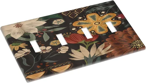 Miniatura 3 de Cubiertas de Interruptor de Luz Artísticas de Cuádruple Palanca con Hojas Tropicales Florales Boho, Flores Bohemias Decorativas Botánicas, Placas