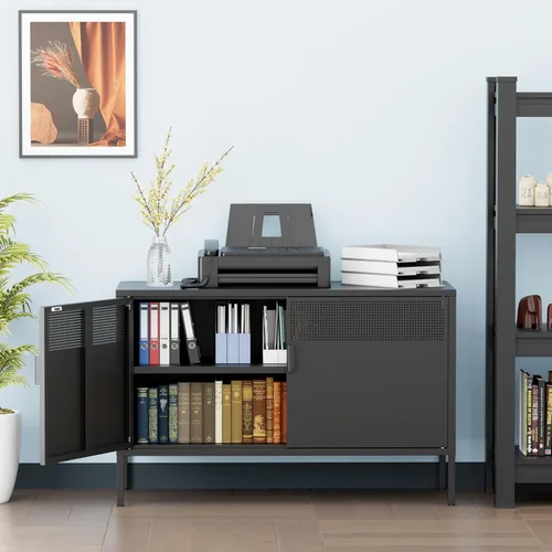 Miniatura 2 de Ustamio Gabinete de Almacenamiento de Metal Ancho Negro con Casillero, Gabinete de Acento de 2 Puertas para Hogar y Oficina, Gabinete de Metal Bajo
