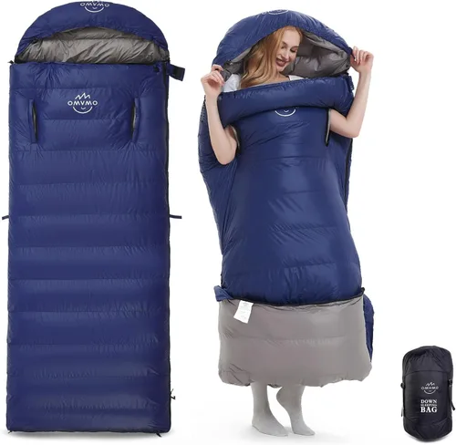 Miniatura 8 de Saco de dormir de plumón de 0 a 20 grados F para adultos, sobre de 4 estaciones con agujeros para los brazos, portátil para mochileros