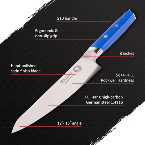 Miniatura 4 de YOKASHI Excalibur Cuchillo de Chef - Cuchillo de cocina de acero alemán duradero de 8 pulgadas - Cuchillo de cocina afilado para picar, rebanar